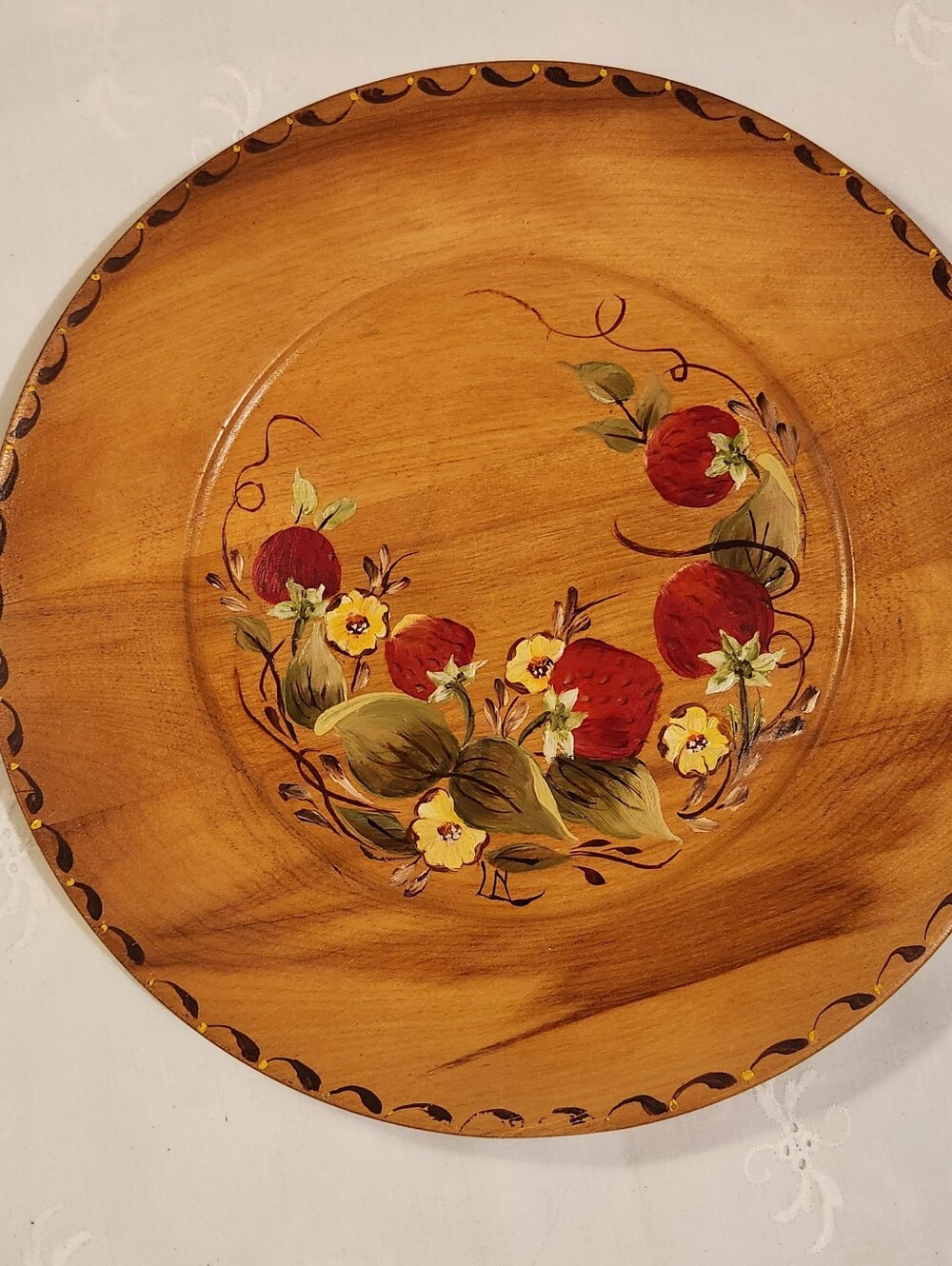 Vintage Hand-Painted Wooden Charger Plate with Red Strawberry Motif